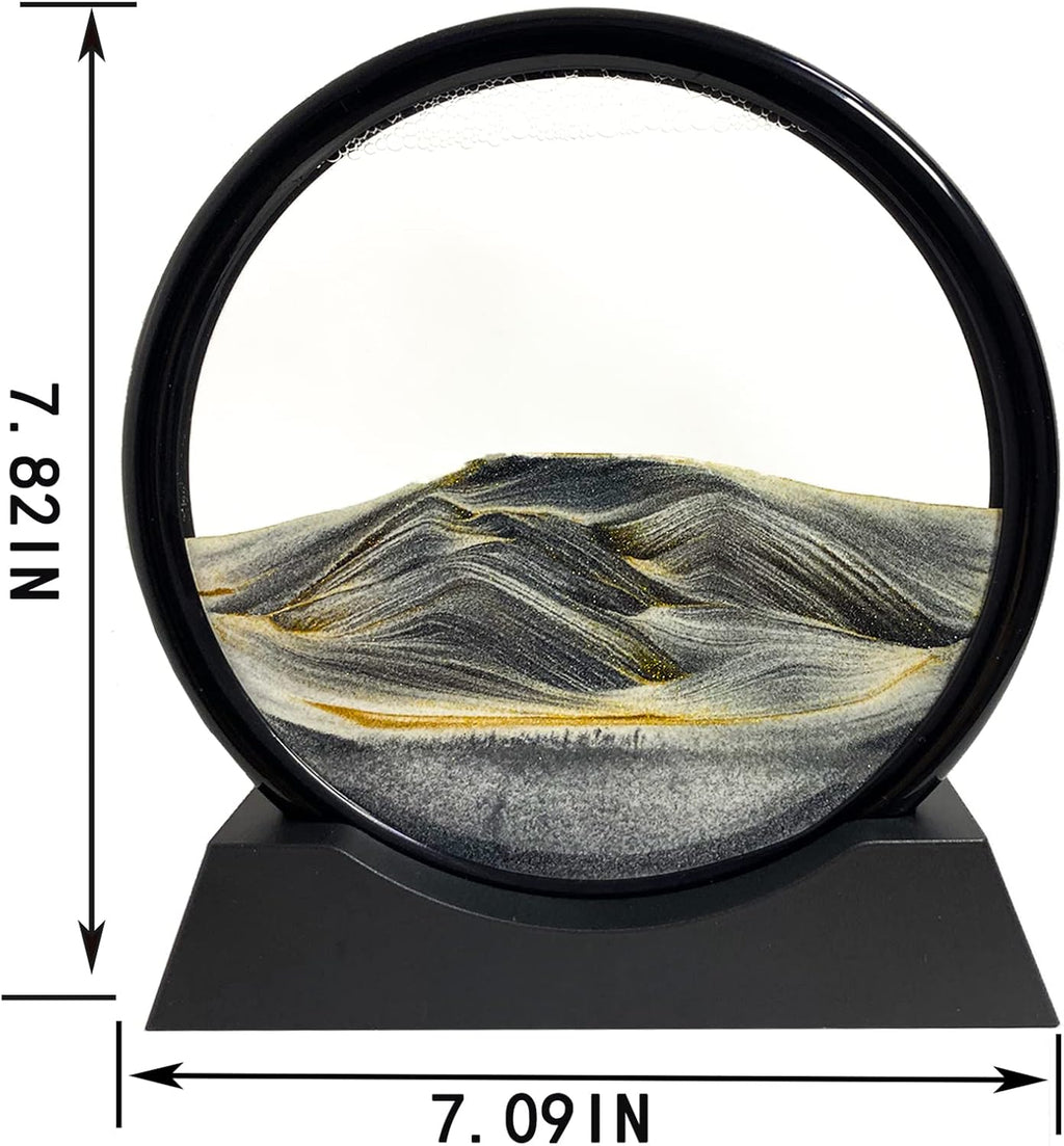 Moving Sand Art Picture - Sand Art Liquid Motion 3D Deep Sea Sandscape, round Glass Frame Display Flowing Sand Relaxing Toy for Desktop Home Office Work Ocean Decor(Black, 7")