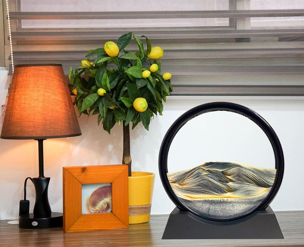 Moving Sand Art Picture - Sand Art Liquid Motion 3D Deep Sea Sandscape, round Glass Frame Display Flowing Sand Relaxing Toy for Desktop Home Office Work Ocean Decor(Black, 7")